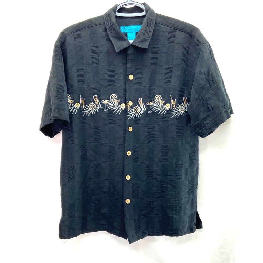 Vintage Paradise Blue Men's Silk Tropical Button Up Shirt Black - Small